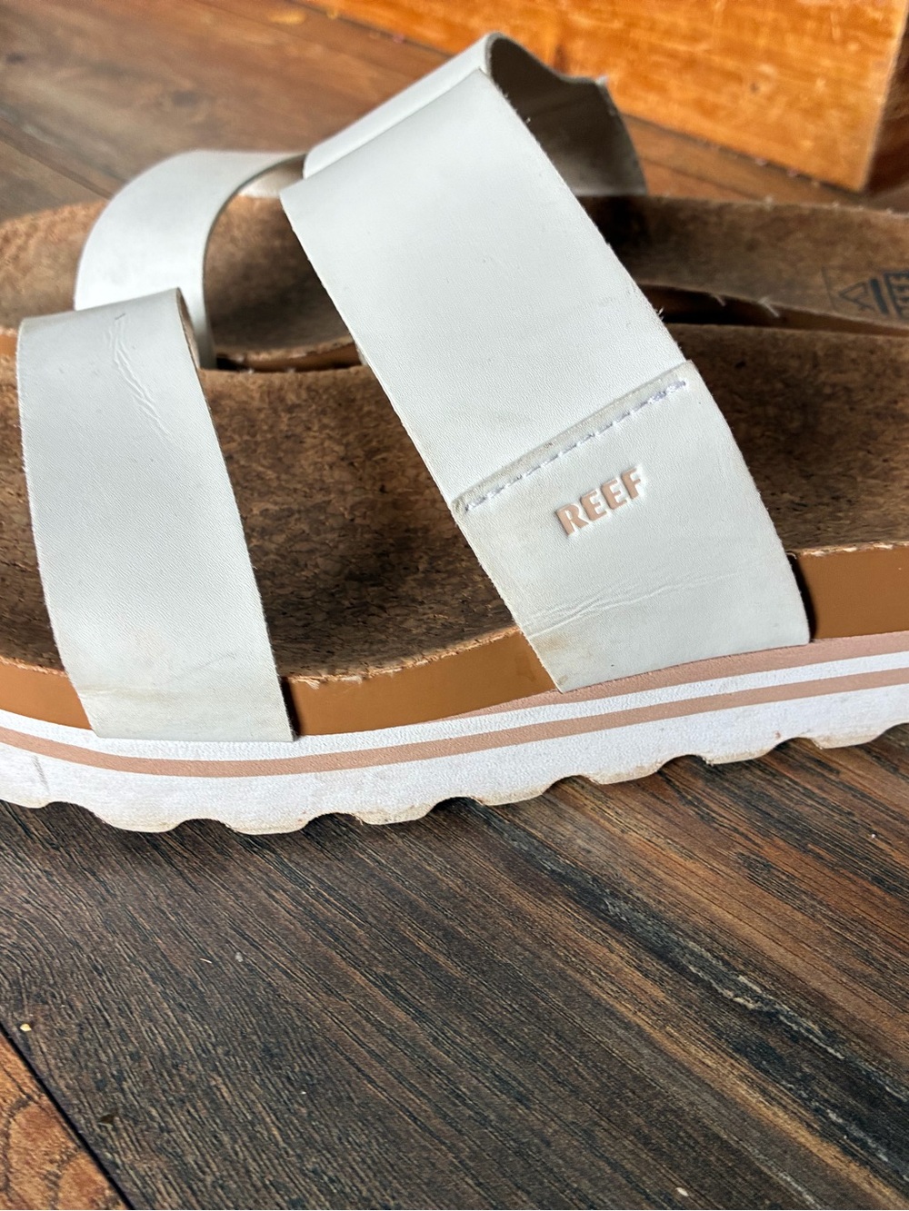 Reef Women’s White Double-Strap Platform Sandals with Tan Cork Footbed
